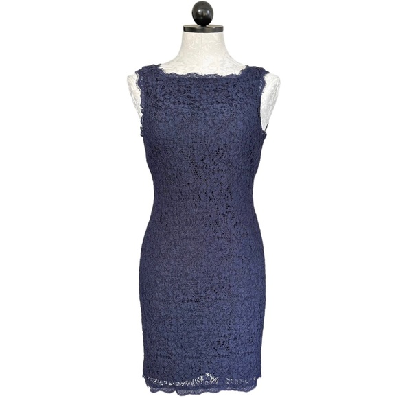 Adrianna Papell Evening Lace Cocktail Dress Navy Exposed Full Back Zip Size 4 - Picture 15 of 16
